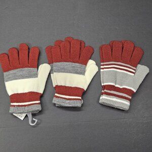 Youth Gloves Bundle Of 3 One Size Boys Red, Ivory, Grey, Striped, New, No Tag